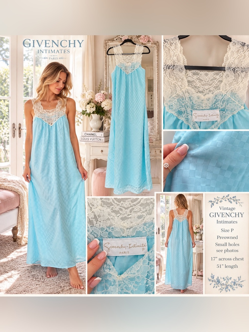 *RARE* Givenchy Designer Cottage/Coquette Blue Lace-Trim Nightgown (DEFECTS)